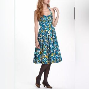 Chic Blue and Yellow Floral Midi‎ Dress